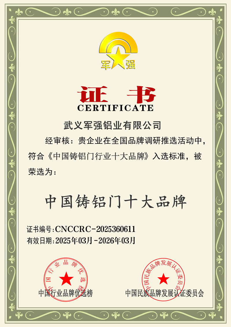 軍強(qiáng)門業(yè)榮膺2025年中國鑄鋁門十大品牌稱號(hào)